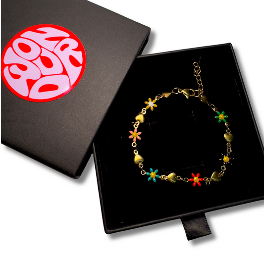 ‘MEGAN’ - Stainless Steel, Gold Plated Colourful Flower Pendant Bracelet.